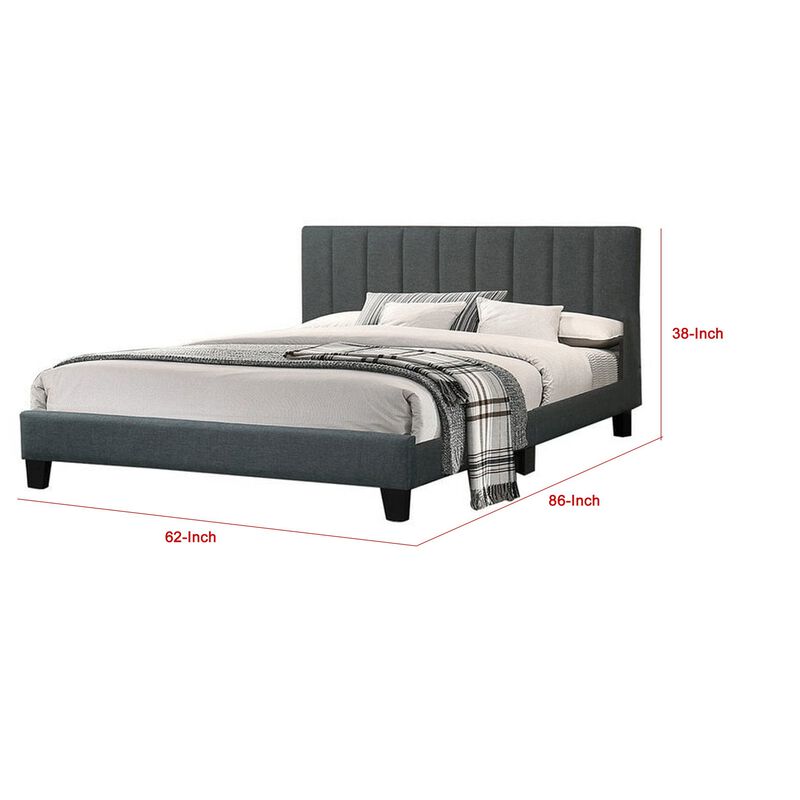 Eve Platform Queen Size Bed, Vertical Channel Tufting, Charcoal Upholstery - Benzara