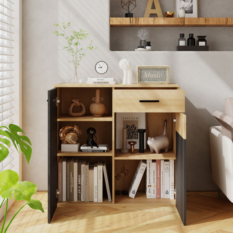 FUFU&GAGA Bookshelf with Storage Cabinet, Adjustable Shelves & Drawers, Modern Farmhouse Bookcase for Living Room, Bedroom, Home Office, (35.4" W x 34.1" H x 17.7" D),Rustic Oak & Black