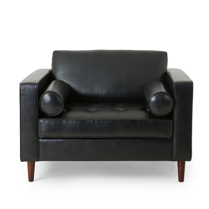 Accent Club Chair, 45 Inch Padded Seat, Birch Wood Legs, Black Faux Leather