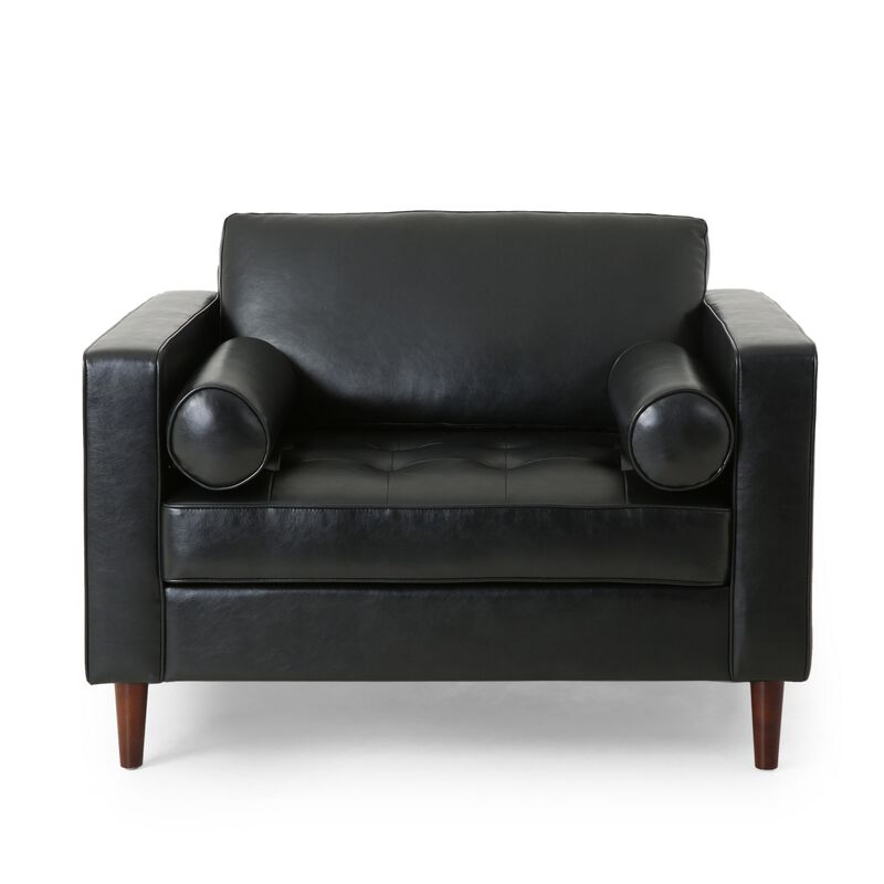 Accent Club Chair, 45 Inch Padded Seat, Birch Wood Legs, Black Faux Leather