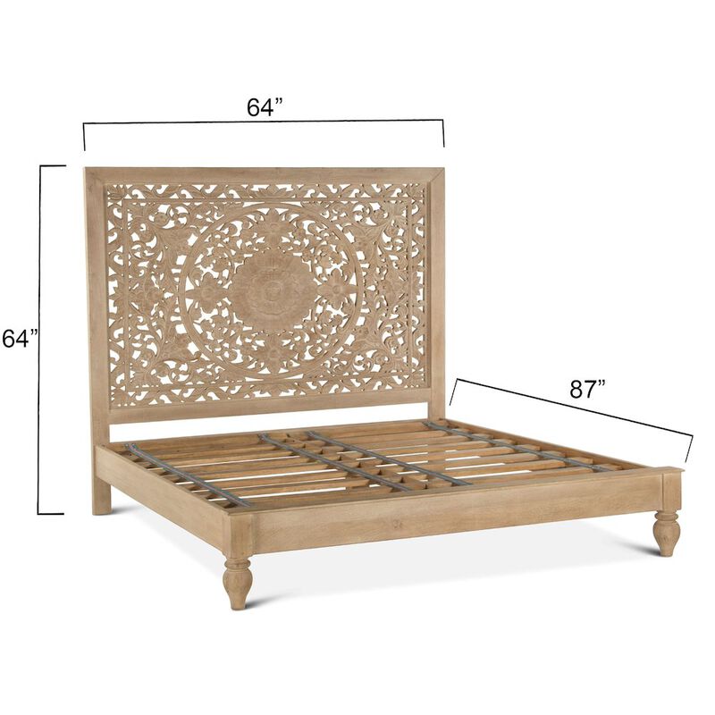 World Interiors Haveli Mango Wood Queen Bed in Natural Whitewash Finish