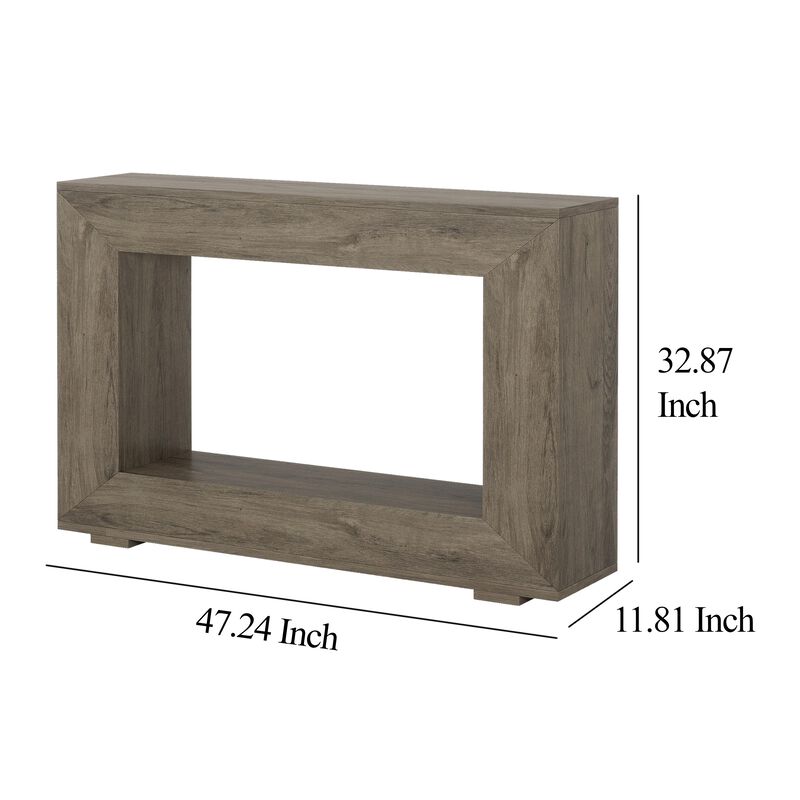 Evan Console Table, 47 Inch Rectangular Top, Rustic Gray, Open Shelf - Benzara