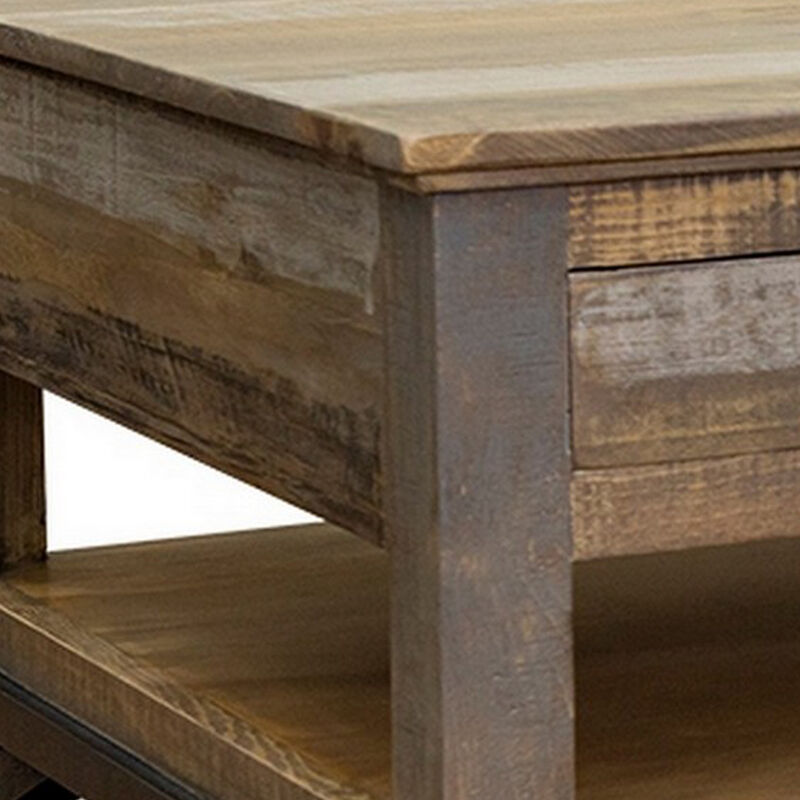 Peya 50 Inch 4 Drawer Coffee Table, Shelf, Distressed Gray, Brown Pine Wood-Benzara