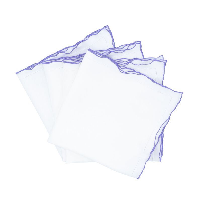 Linen Napkins With Purple Ruffled Hemstitch Edges, Set of 4