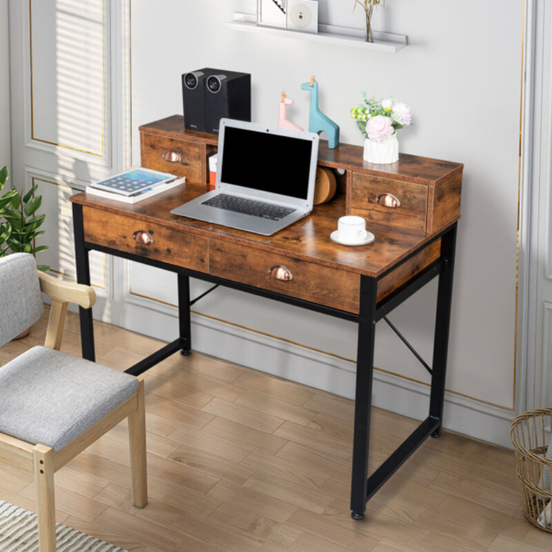 Steel Frame Computer Desk with Old Wood Table Top, 4 Drawers for Home Office or Study