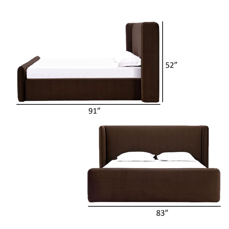 Baca Queen Platform Bed, Velvet Upholstery, Wingback Headboard, Brown - Benzara