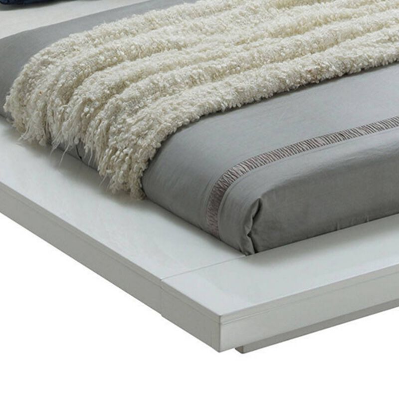 Wooden Queen Size Low Profile Bed with Padded Headboard, White-Benzara