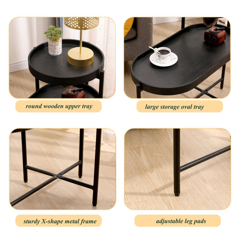2-Tier Side Table with Storage Sofa Table for Living Room Metal Frame & Wooden Desk End Table