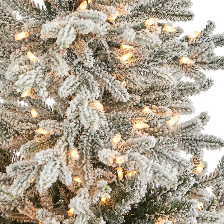 Nearly Natural 57-in Flocked Fraser Fir Xmas Tree w/300 Lights in Planter