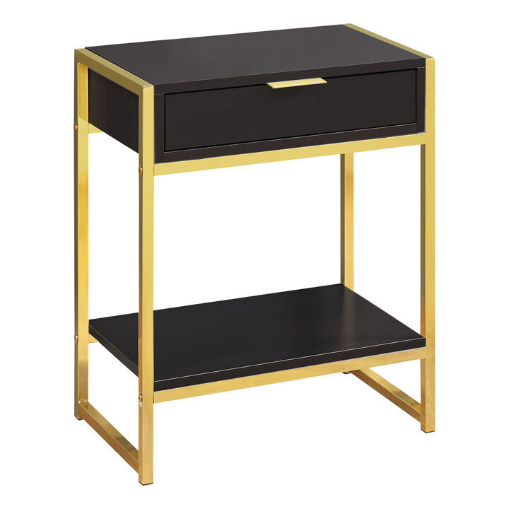 Monarch Specialties I 3486 Accent Table, Side, End, Nightstand, Lamp, Storage Drawer, Living Room, Bedroom, Metal, Laminate, Brown, Gold, Contemporary, Modern