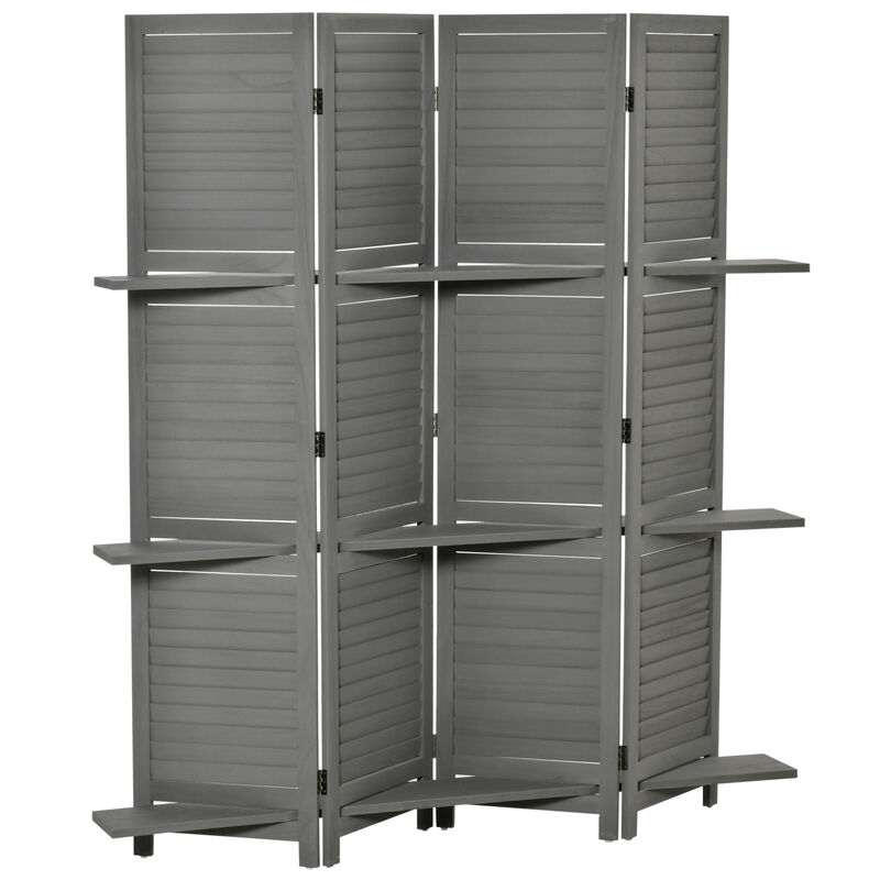 Wood Mobile Folding Privacy Screen Partition Wall Room Divider w/ Shelves Grey