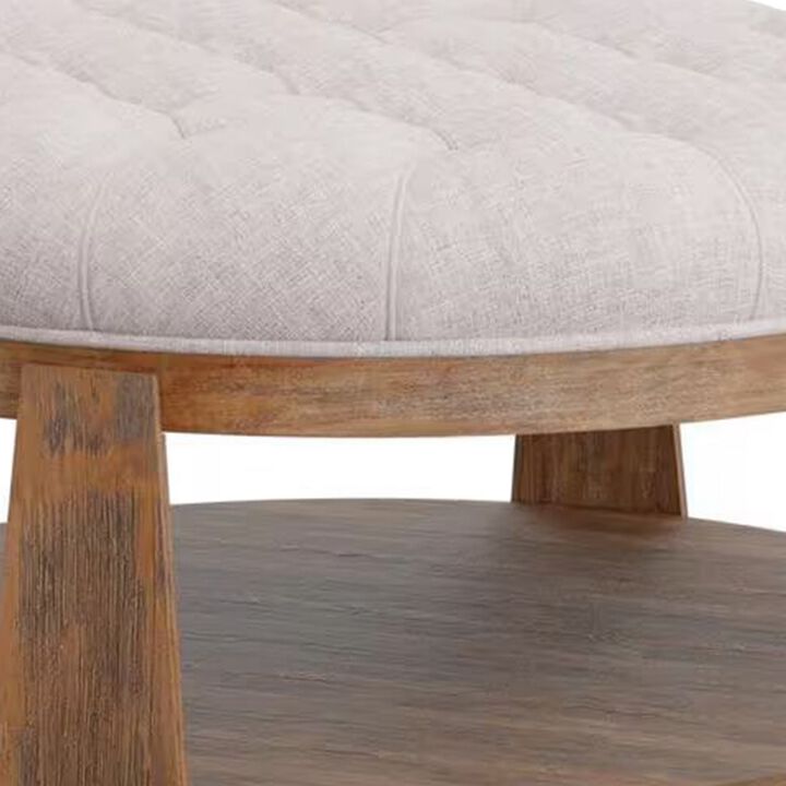 Gus 41 Inch Ottoman Coffee Table, Button Tufted Beige Fabric, Brown Wood - Benzara