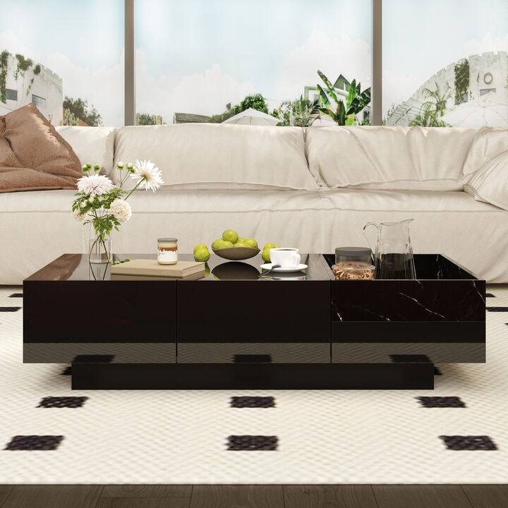 FUFU&GAGA Modern High-Gloss Black Coffee Table with Marble Texture, 2 Drawers & 3 Open Shelves (47.2" W x 23.6" D x 11.6" H), Black