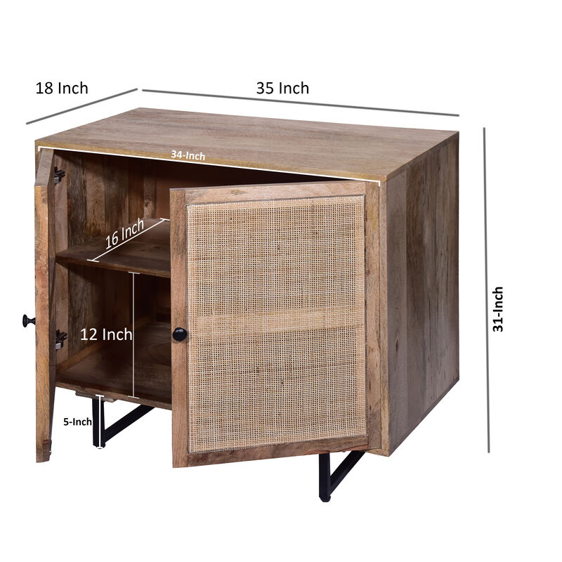 35 Inch Handcrafted Accent Cabinet with 2 Mesh Rattan Doors, Black Iron Legs, Natural Brown Mango Wood Frame-Benzara