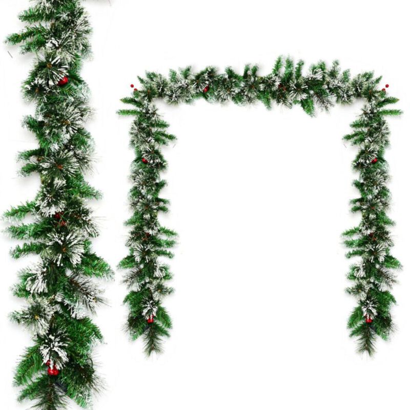 Hivvago 9 Feet Pre-lit Snow Flocked Tips Christmas Garland with Red Berries