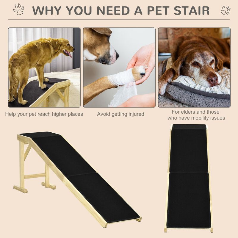 Natural/Black Pet Access: 74"L Wooden Ramp with Non-slip Carpet Top