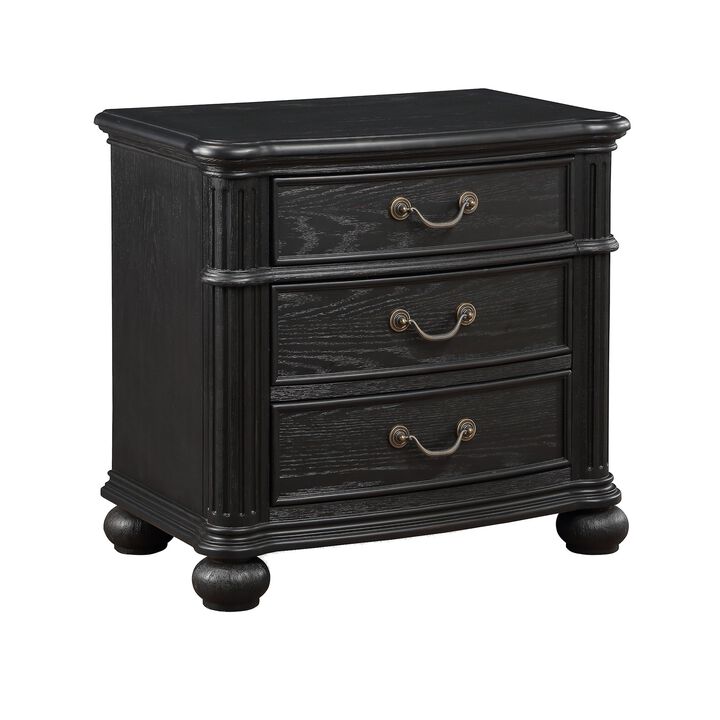 Berry 27 Inch Nightstand, Wood, Metal Handles, 3 Drawers, Classic Black - Benzara