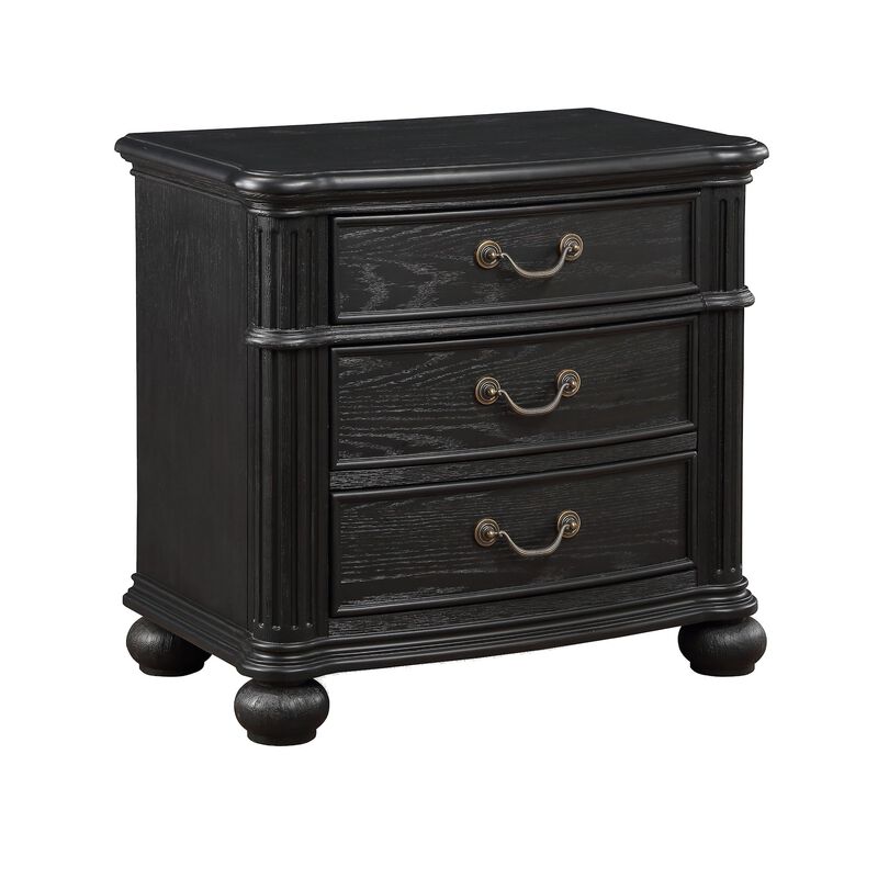 Berry 27 Inch Nightstand, Wood, Metal Handles, 3 Drawers, Classic Black - Benzara