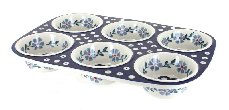 Blue Rose Polish Pottery Red Poppy Muffin Pan