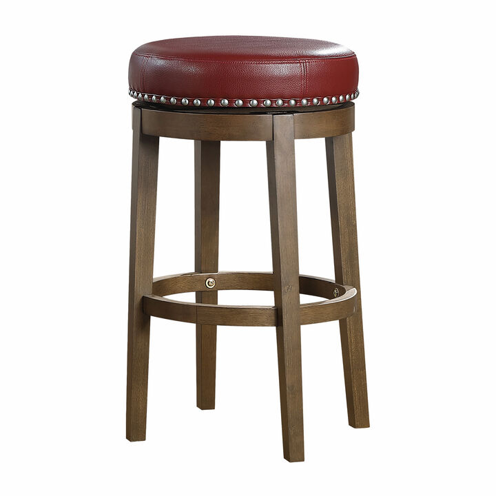 Bara 31 Inch Swivel Barstool, Red Round Faux Leather, Brown Wood, Set of 2 - Benzara