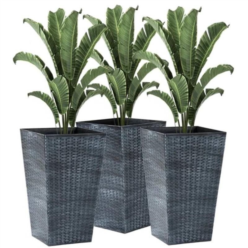 Hivvago Set of 3   Grey Faux Rattan Plastic Tall Large Flower Pots
