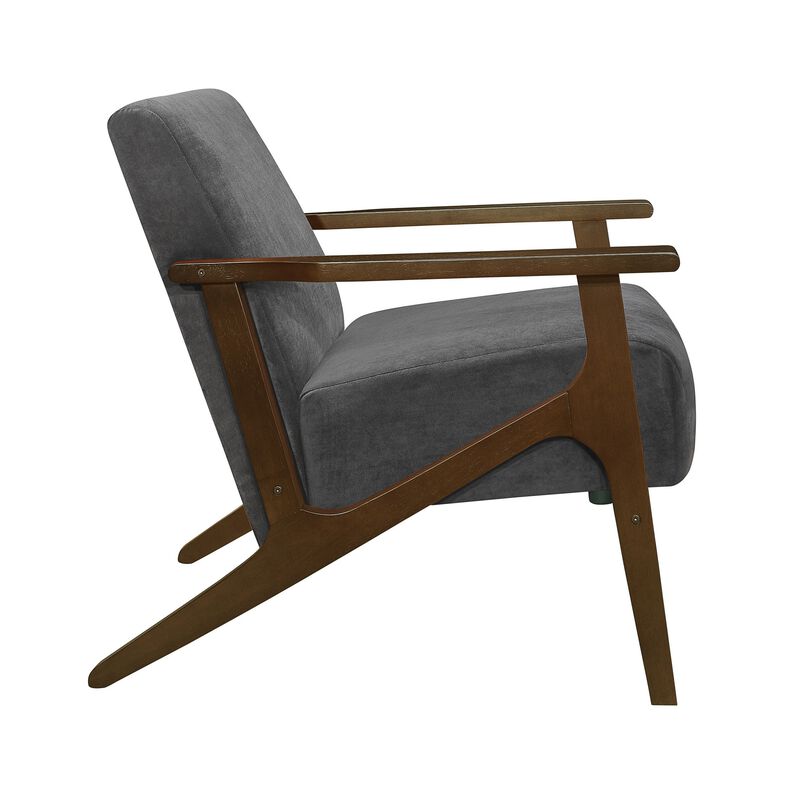 Rica 32 Inch Accent Armchair, Dark Gray Velvet, Walnut Brown Solid Wood - Benzara