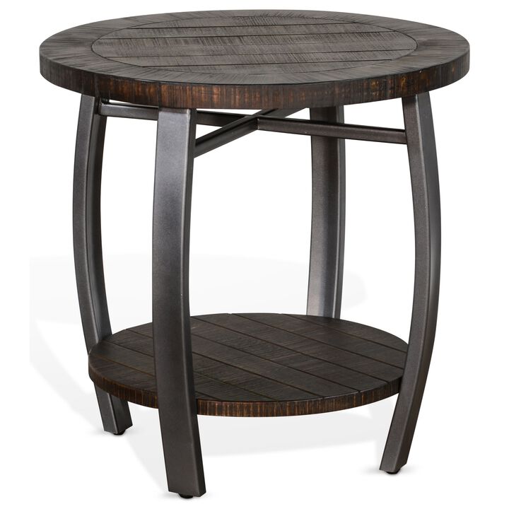 Flint Side End Table w Shelf, Barrel Shape, 24 Inch Dark Brown Round - Benzara