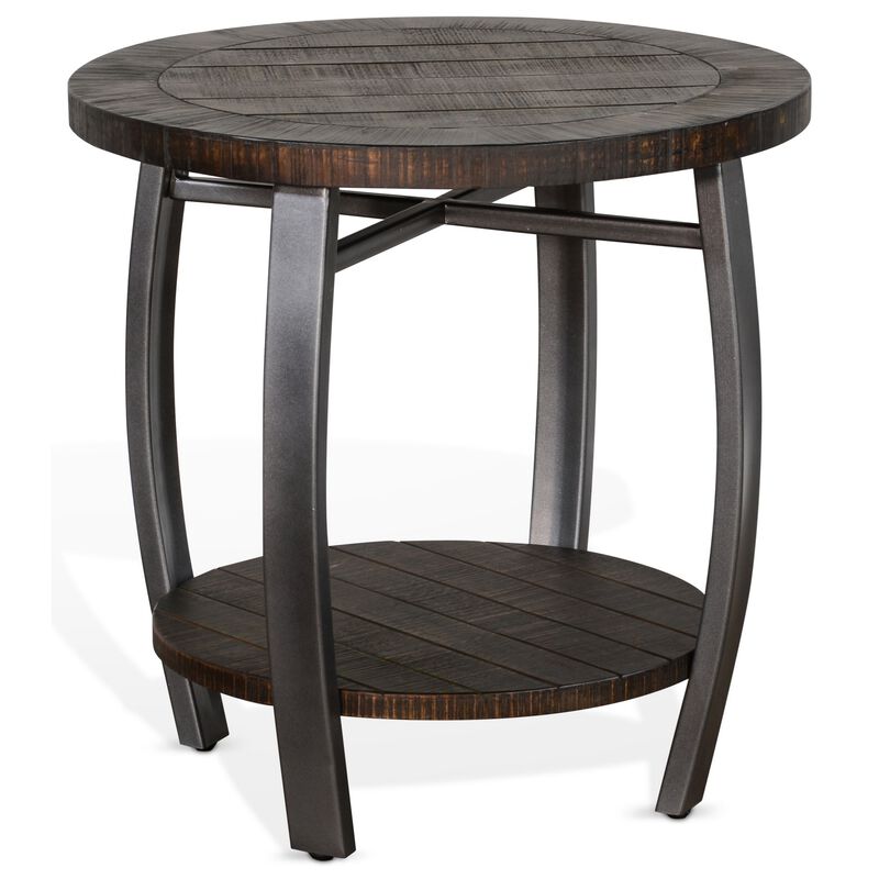 Flint Side End Table w Shelf, Barrel Shape, 24 Inch Dark Brown Round - Benzara