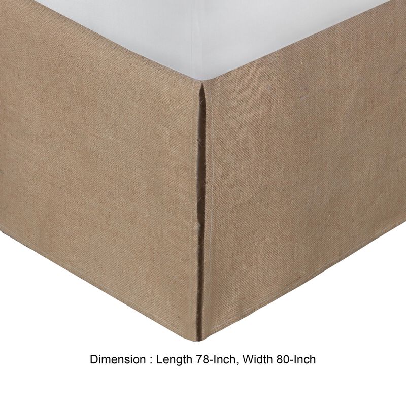 Kuma King Bed Skirt, Spilt Corners, Burlap Drop, Polyester Platform, Brown - Benzara