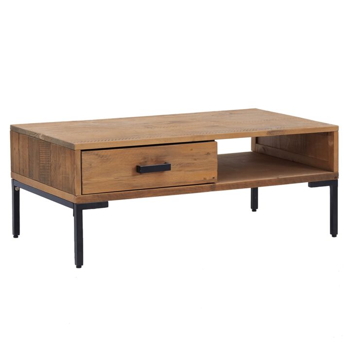 vidaXL Pine Wood Coffee Table | Solid and Sturdy Design | Ample Storage Space | Vintage Industrial Style | Metal Support Feet | 35.4"x19.7"x13.8" | Brown