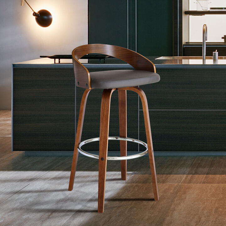 Sonia Bar Height Swivel Brown Faux Leather and Walnut Wood Bar Stool