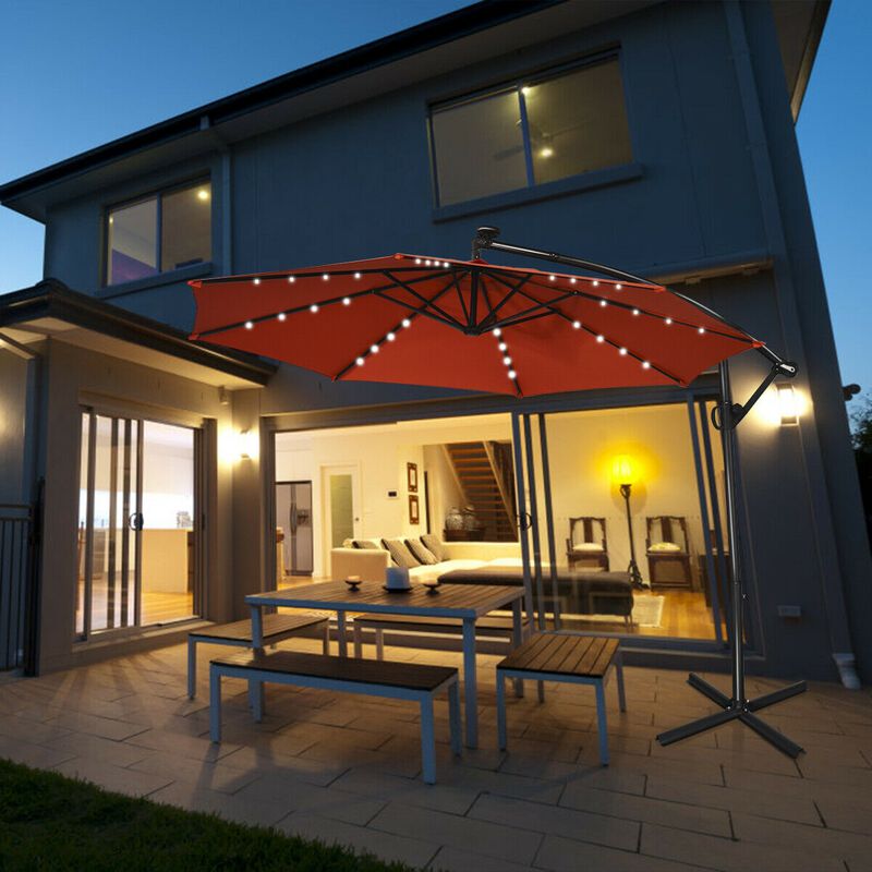 10 ft 360° Rotation Solar Powered LED Patio Offset Umbrella without Weight Base
