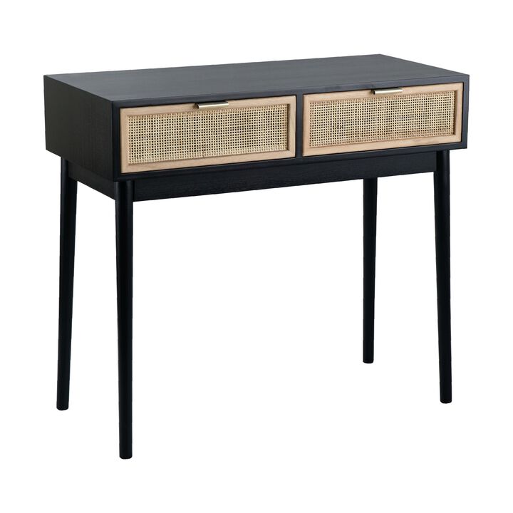 Ela 35 Inch 2 Drawer Wood Console Table, Woven Rattan Panels, Brown, Black - Benzara