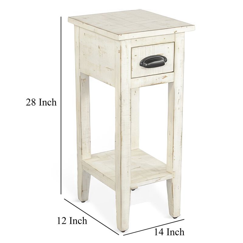 Rena Chairside Table, Drawer and Shelf, 14 Inch White Mahogany Wood - Benzara