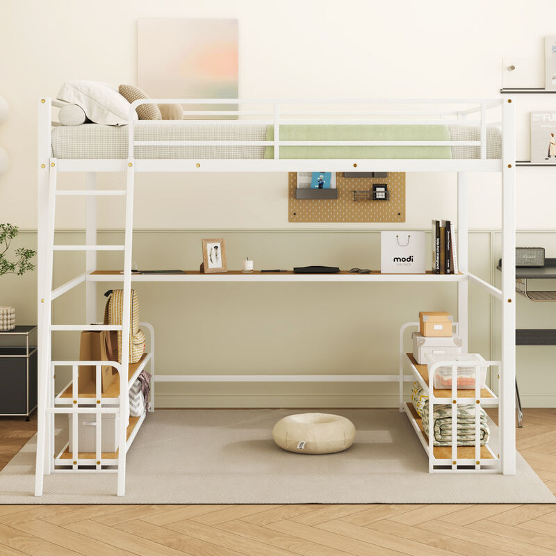 Merax Metal Loft Bed with Desk and Storage Shelves