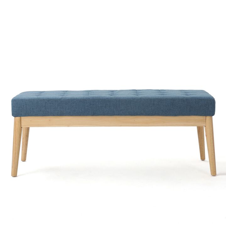 Gisa Ottoman Bench, Blue Fabric Tufted, Natural Brown Wood, 44 Inch -Benzara