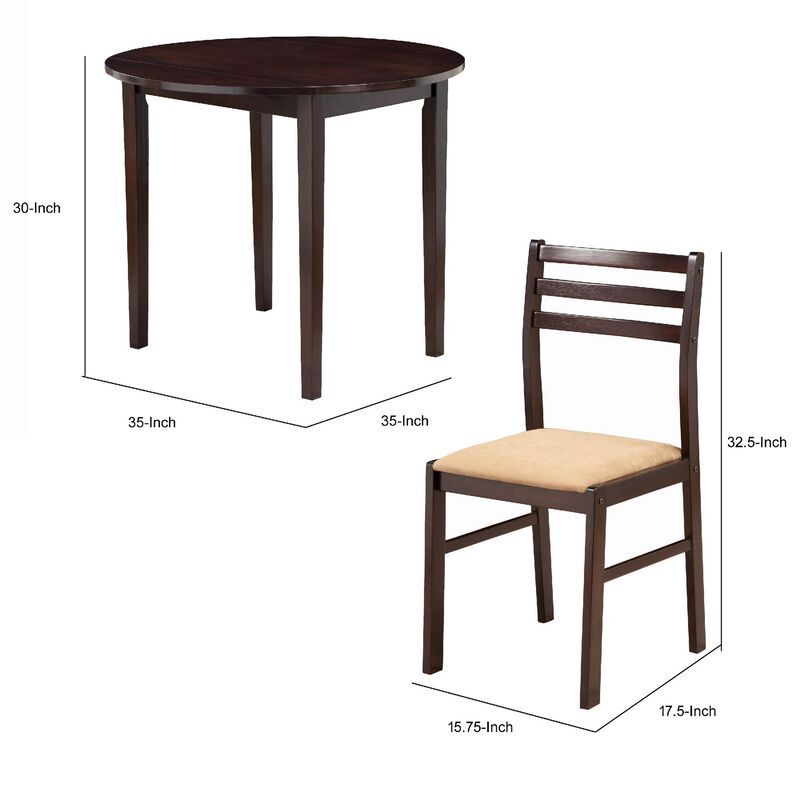 Transitional Style 3 Piece Wooden Dining Table and Chair Set, Brown-Benzara