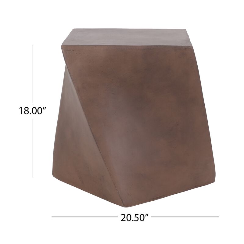 Outdoor Side End Table, Twisted Cube Shape Brown Faux Concrete 21 Inch - Benzara
