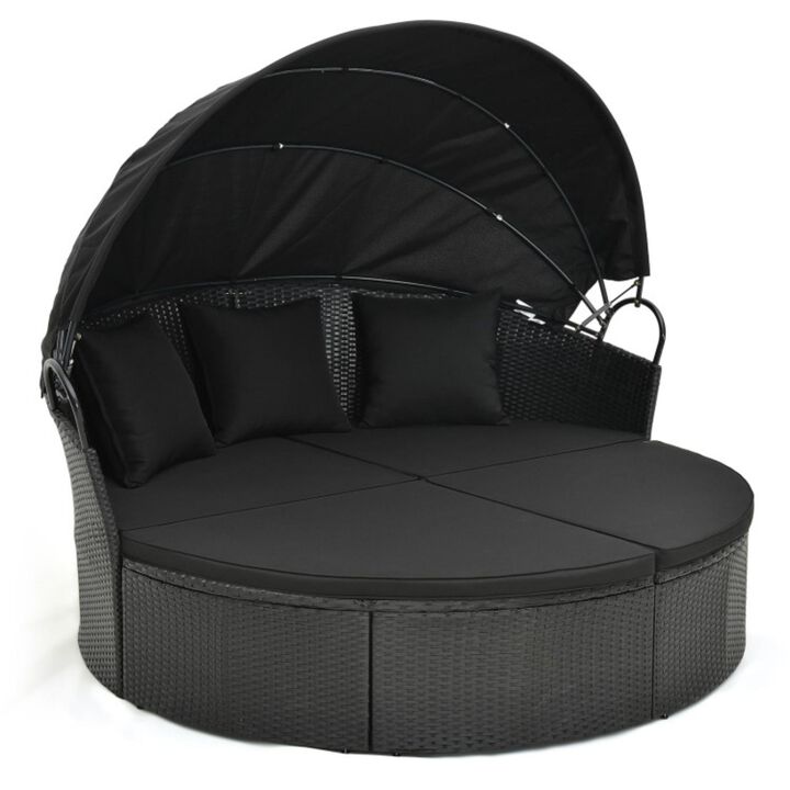 Hivvago Clamshell Patio Round Daybed Wicker with Retractable Canopy and Pillows