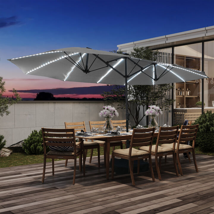 MONDAWE 15ft Twin Double-Sided Solar LED Patio Market Umbrella with Included Base Stand
