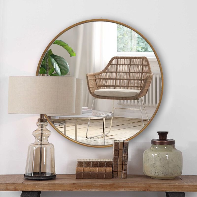 Mirror with Round Metal Frame and Ring Holder, Brass-Benzara