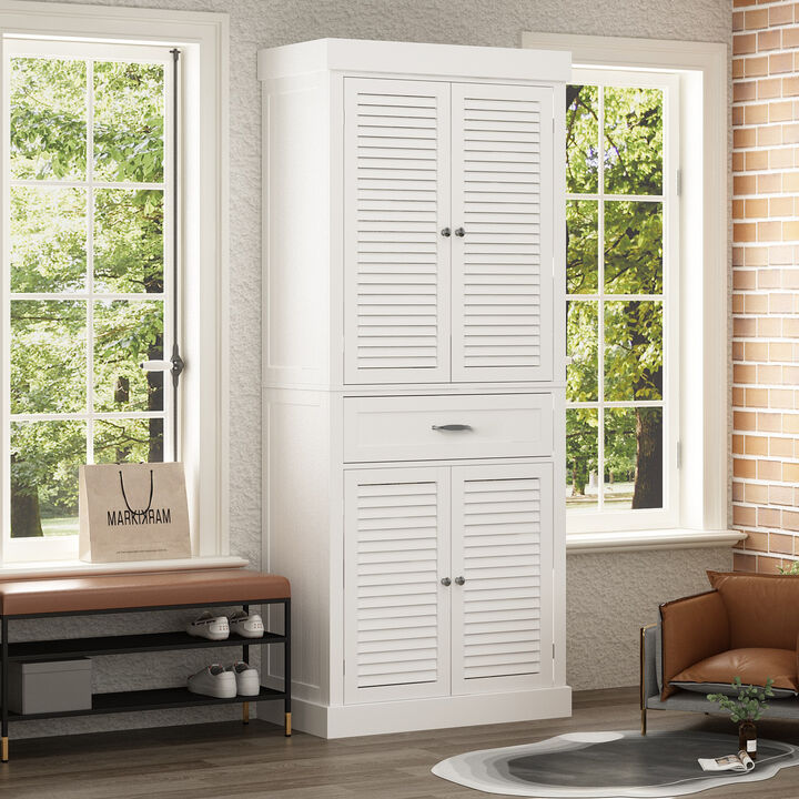 White Paint Wood Storage Cabinet With 4-Shutter Doors, Drawers and Adjustable Shelves For Office, Kitchen