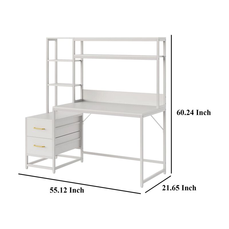 Computer Desk, 2 Drawers, Open Shelf Hutch, White Metal, 60 Inch - Benzara