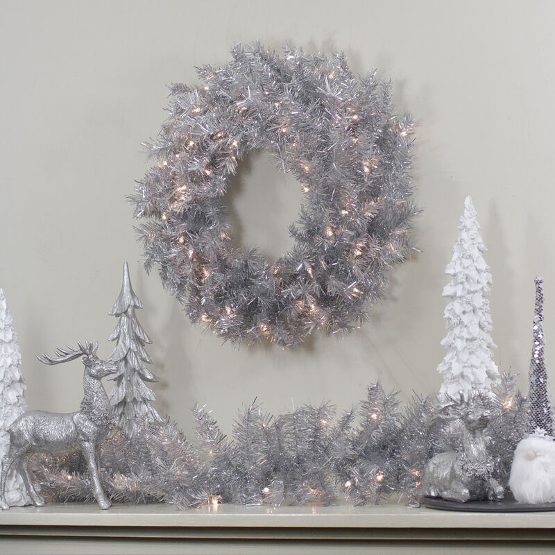 9' x 12" Pre-Lit Silver Tinsel Artificial Christmas Garland  Clear Lights