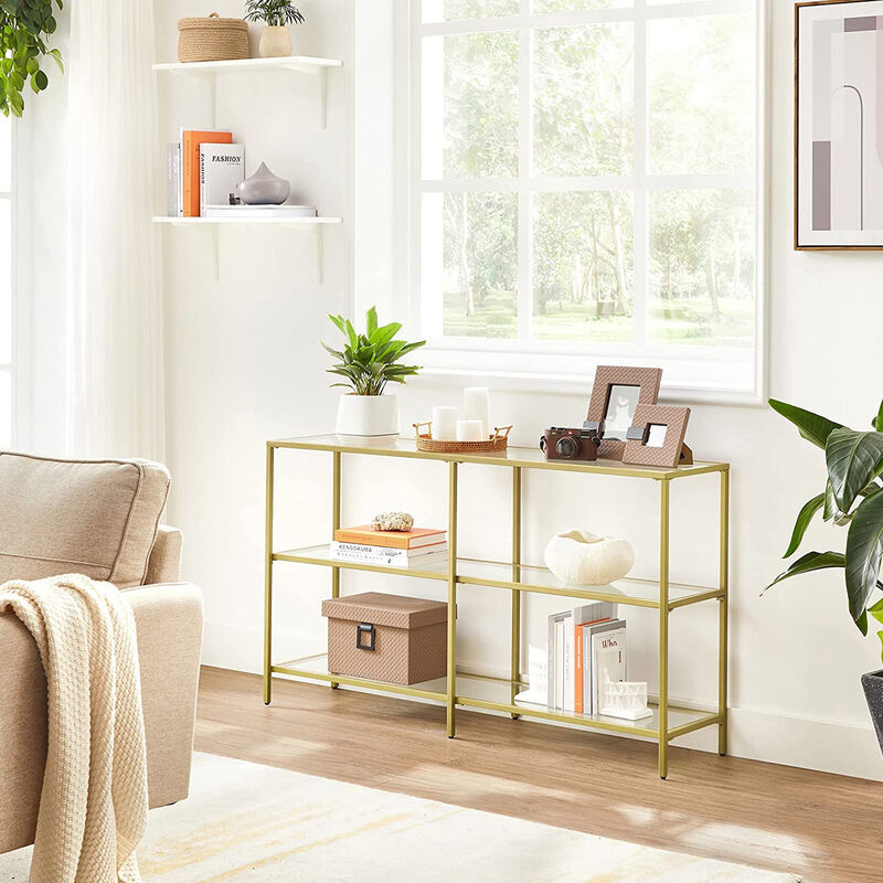 Contemporary Console Table with 3 Shelves - Metal Frame, Tempered Glass, Ideal for Bedroom