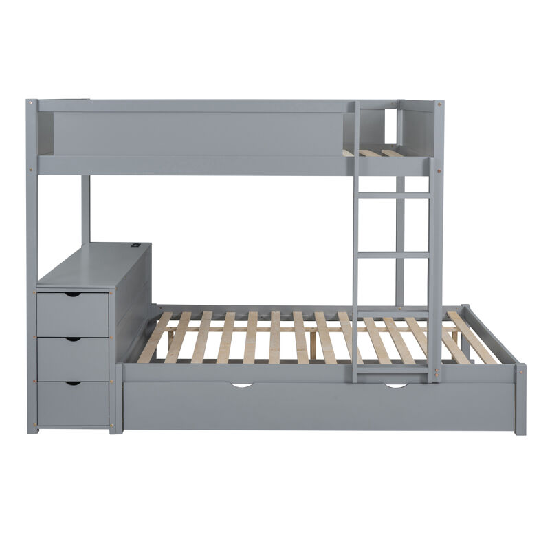 Full Over Full Bunk Bed With Twin Size Trundle, Storage And Desk, Gray