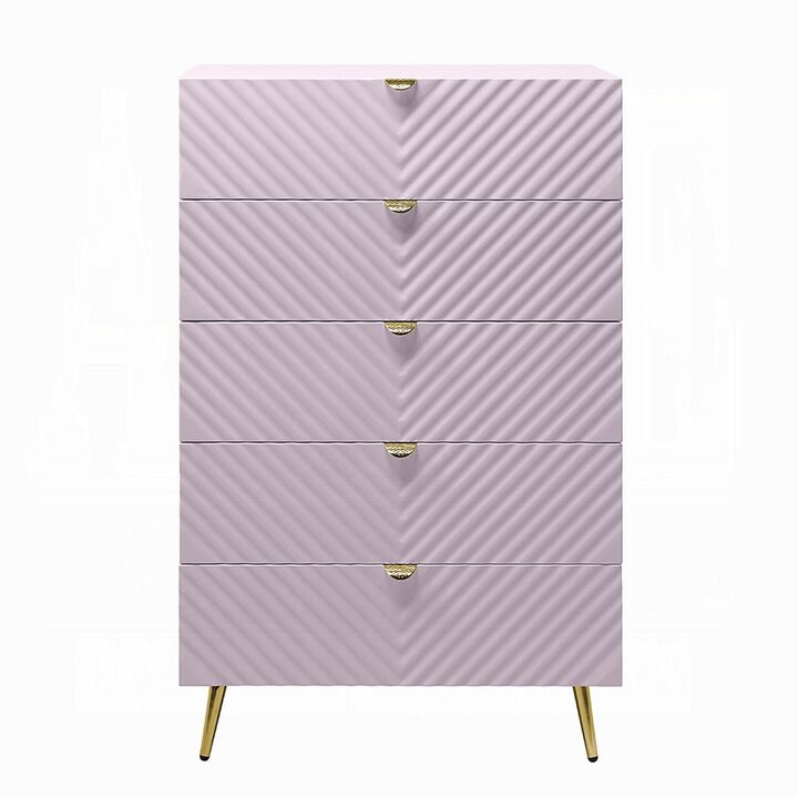 Tyra Tall Dresser Chest, 5 Drawers, Gold, Gloss Pink Chevron Pattern - Benzara
