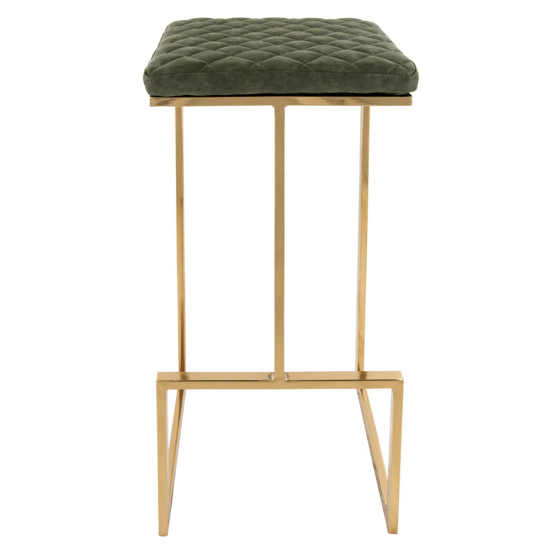 LeisureMod Quincy Stitched Leather Gold Metal Bar Stools in Olive Green