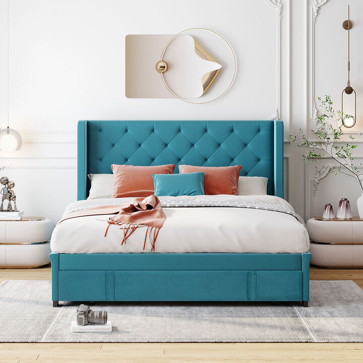 Streamdale Queen Velvet Storage Bed with Wingback Headboard, Drawer