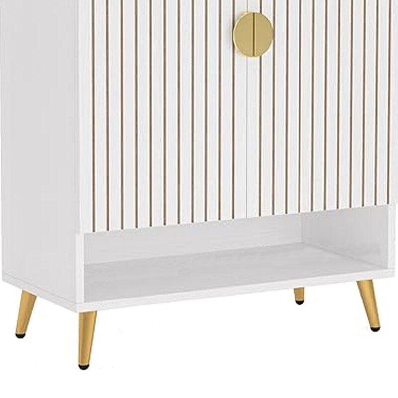 Shoe Cabinet, 43 Inch 7 Tier Shelves, Brown Ribbed Doors, Gold, White - Benzara